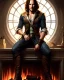 Placeholder: "matt mercer sitting in a comfy chair by a fireplace, beautiful eyes, full-scale head and shoulders portrait, 8k resolution concept art portrait by Greg Rutkowski, Artgerm, WLOP, Alphonse Mucha dynamic lighting hyperdetailed intricately detailed Splash art trending on Artstation triadic colors Unreal Engine 5 volumetric lighting Splash art fantasy