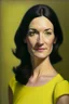 Placeholder: realistic Portrait of a woman in her thirties. she wears a yellow drees and has dark hair. she looks like a politcian
