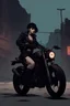 Placeholder: vampire girl showing fangs with short cropped cyberpunk hair riding a black cafe racer motorcycle in a post apocalyptic wasteland at dusk