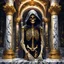 Placeholder: hooded skeleton made of marble and gold, covered in black fluid ink, greek pillars, professional Photography, Fantasy Background, Intricate Patterns, Ultra Detailed, Luminous, Radiance, beautiful, high contrast, vibrant colors, Ultra Realism, Complex Details, Intricate Details, 16k, HDR, High Quality, Trending On Artstation, Sharp Focus, Studio Photo,