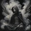 Placeholder: women sitting on a dark background. Her their face turned upwards and blows cigarette smoke from their mouth, The dominant colors are black and gray. It depicts a figure with wings emerging from its back. a hooded skeleton can be seen behind the clouds of smoke.