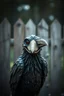 Placeholder: smilende zombie crow av tre foran et kastanjegjerde in the style of giger and fallout 4 ,,bokeh like f/0.8, tilt-shift lens 8k, high detail, smooth render, down-light, unreal engine