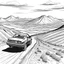 Placeholder: a view from above of a tight mountain road, other high mountain peaks in the distance. a "1989 ford fiesta" driving on a dirt road, drifting at high speed and kicking dust. Car is driving away from the viewer. alpine high mountains. feeling of velocity. clean line art, coloring book page, white background, 2d