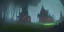 Placeholder: Ruined overgrown small castle in a dense coniferous forest, dynamic lighting, night, misty