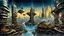 Placeholder: a stunningly weird image of a futuristic metropolis using Salvador Dali's paranoiac-critical method, where buildings and structures appear to melt into the skyline cityscape is filled with floating mad, twisted sharp metal shapes that interact with the buildings and each other, forming a surreal tableau of a dreamlike reality. neu-steampunk vibe, essence of the scene in a cinematic manner, with dramatic shadows that enhance the distorted perspectives and bizarre