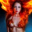 Placeholder: woman made of fire, fire angel, fire clothes, full body portrait, long flowing hair, only wearing bikini made of fire, highly detailed, real life photo, photo quality, extremely detailed, high quality, standing in fire, highly detailed face with makeup