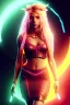 Placeholder: Cyber Shakira, artist, 30 years old, Realistic image, waist up portrait, etro style dress. Blonde, loose long hair, eyes make up, perfect, glow, circle iris. Neon colors, leds, geometric shapes. Dark background, photo studio, neon lights. Cyberpunk, concept art, smooth, unreal engine 5, god lights, ray tracing, RTX, lumen lighting, ultra detail, volumetric lighting, 3d, finely drawn, high definition, 4k.