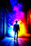 Placeholder: Young man walking away from a building that is exploding at night, with coloured auras all around him