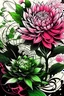 Placeholder: Create a captivating modern 2d black and pink and green ink tattoo design for print , prestigious botanic using the elegant influences of japan art style, for print, dynamic elements from fashion and design, and bold Japanese contemporary art aesthetics, framing centered in the center, distanced from the edges of the paper perimeter,