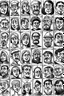 Placeholder: a sheet of paper showing diferent medieval faces of diferent medieval people with diferent expressions, some dramatic, somo happy. the style is minimal black and white stamp. in the sheet there are more than 5. very diverse court memebers and everyday people. man, woman, kids. white background