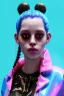 Placeholder: Ultra Realistic image, Rosalía artist, portrait, normal complexion, waist up portrait, two monkeys hair ,black eye long line, sweet face, t-shirt with holes, inflatable open coat, gold pink and blue style, spray glow make up, geometric led jewelry, fog, hot, inflatable style latex coat, vibrant color, highly detailed, art stations, concept art, smooth, unreal engine 5, god rays, ray tracing, RTX, lumen lighting, ultra detail, volumetric lighting, 3d, finely drawn, high definition.