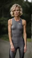 Placeholder: photography of a beautiful anorexic woman, grey satin triathlon top, sports illustrated, blond short wavy bob haircut, pronounced sternum, flat chest, anthracite cycling leggins