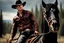 Placeholder: Young rough and rugged muscular cowboy riding a black horse photorealistic