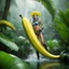 Placeholder: [high res picture of bananarama] the female alien explorer straddles a giant banana in the wet jungle, riding the long fruit with happyness