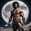 Placeholder: Hyper Realistic Shirtless Muscular Young Handsome king with beard & black hair on moon with his sword in outer space