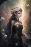 Placeholder: Peach hair ,elven warrior,,Hydrangea,orchids,lilies of the valley,night,peachy hair,rapunzel hair,elven crown,dragonflies,pointed ears,elven ears,dark fairy princess,sparkle,,dark gold armour,fairy wings,,night stars