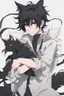 Placeholder: A male anime man with messy black hair, black cat ears and tail