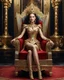 Placeholder: Photography Art Realistic,potret size full body, Natural Beauty skin,Cinematic color,front view The Beautiful Queen sits on a luxurious palace chair, wearing luxury clothes with luxurious armor design, made of gold metal plate, metal craft with luminous diamond glitter, on the outer surface of the luxury jewelry decoration very small diamond stones, heart shape red diamond stones, black decoration leaves and small rose flower decorations are incorporated, emitting light, golden background