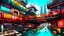 Placeholder: Water-level view of buildings made of reused dirty rusty metal on a futuristic canal junction, cyberpunk, many painted colours, flying boats, balconies, bridges, people, shopping, eating, walking, fifth element, ghost in the shell, altered carbon