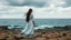 Placeholder: A woman in a traditional white dress with a patterned hem stands on a rocky shore, looking out at a vast, choppy sea under a dramatic, cloudy sky. The landscape is rendered in earthy tones with hints of green and blue, and scattered rocks dot the foreground and midground. The woman's long, dark hair flows in the wind, and she is adorned with necklaces and a headpiece. The overall mood is one of solitude and contemplation against a powerful natural backdrop.