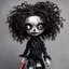 Placeholder: full color, illustration of a dark, menacing, curly haired, black clad motorcycle girl, tall and willowy , as a decayed, broken, crude homemade cloth doll toy, with a cracked porcelain face, thick dark eyebrows, hair made from ragged strips of cloth, in the style of Alex Pardee, Tim Burton, and Nadya Sheremet