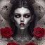 Placeholder: Mystery scary VAMPIRE,Ambiance dramatique, dramatic lighting, volumetric lighting, hyperrealisme, 8k, high quality, lot of details, fit within portrait , black and red roses