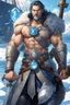 Placeholder: in anime style,1older man, a older man with blue eyes and black hair man in silver Viking armor with fur around the neck with blue crystal on his chest holding an axe in his hands standing on a pirate ship in the artic, warrior in anime style,