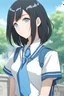 Placeholder: Woman black hair, bob haircut, vivid sapphire blue eyes, light blue schoolgirl uniform, smirking, grinning, college background, RWBY animation style