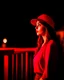 Placeholder: woman with a red baseball hat. leaning on a wooden balcony. night time. fantasy. medieval.