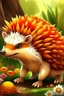 Placeholder: orange hedgehog in Crocs, funny pants, mohawk, clearing, trees, flowers in the background, realistic