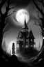 Placeholder: surrealist, black and white, obscured by dense forest fog, superbig full moon, moon is a center of image, tim burton character, exagerated, cartoon house, several floors, tim burton proportions, woman wiht cape and hood, woman stand up on spiral rock, background old house, high house more rooms, backlight, sad, high house several rooms, wood old house, a superfullmoon, house upper circle mountain, ambient fog, distorsion, fantasy