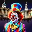 Placeholder: A clown with an exaggerated smile, funny pixar style, styling by Jana Mataiko, a big highlighted tooth, against the background of Trafalgar Square, symmetrical composition, digital painting, vibrant lighting, extremely fine details.