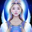 Placeholder: portrait of a beautiful mongolian woman with an angel face smiling,long blond hair, blue eyes, pink and blue dress, jewels, soft light aura