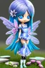 Placeholder: cute happy fairy girl with rounded blue eyes, big long silver hair, and with tiny black fluffy kitty sitting in her five fingers hands, chibi 3d anime character, detailed, fantasy style, nice picture in the big meadow with pale colors flowers