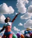 Placeholder: Ultra realistic clouds sky scene, wide angle, sweet childs, free jumping flying, trinkets, monster hair, hair monster, jelly beans, balls, smile, happy, circus style, inflatable color clothing, extreme, wind, clouds sea, 20,000 feet altitude, stratosphere, soft color, highly detailed, unreal engine 5, ray tracing, RTX, lumen lighting, ultra detail, volumetric lighting, 3d, finely drawn, high definition, high resolution.