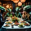 Placeholder: Photograph of a happy year-end dinner of a clique of alien creatures in hypermaximalist style, photorealism