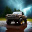 Placeholder: hyperrealistic shot, off-road truck, earth color palette, sharp focus, puddle reflection, tire water splash, refraction, rain and lightning on the horizon, shadowcast, detailed and intricate, cinematic composition, micro, tilt shift photography