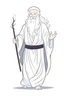 Placeholder: Disney style, white hair, white skin, white beard, coloring book, minimalism, simple lines, white background, STICKER, WHOLE BODY, A CUTE man with staff in his hand, long white beard, flowing hair, and long tunic, sandals, open arms, A detailed illustration, in the style of Studio Ghibli, 3D vector art, cute and quirky, fantasy art, Adobe Illustrator, hand-drawn, low-