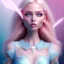 Placeholder:  beautiful, soft, whide smile face, long blonde straight hair, blue eyes, fairy wings on the back, transparent crystal blue and pink clothes, background blue and pink, big definition, 8K