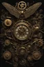 Placeholder: steampunk clock surrounded by cogs and springs, metal insects with wings, black background