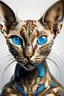 Placeholder: A stunning, hyper-detailed digital painting of a Siamese cat, transformed into a mesmerizing fusion of feline and human elements. The cat's eyes are striking blue orbs with a slit pupil, set on a face that exudes natural curiosity. Its body is a combination of cream, tan, and grey, with a distinct wrinkled texture and hairless appearance. Superimposed onto a human body, the cat has remarkably large, bat-like ears. The heavily tattooed neck features a banner with the words "Bad Kitty" in stylized