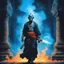 Placeholder: [art by Dorohedoro] Gangster-turned-Monk at Angkor Wat with a phantom of Ganesha floating around him in a blue radioactive smoke