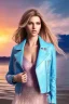 Placeholder: half body shot,realistic portrait of a 20-25 old caucasian model, long blue pink flowing hair, great grey eyes, blue leather jacket,full body, short white skirt,long legs,standing at beach of very nive lake with sunset ,clouds,godrayes