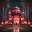 Placeholder: Hyper Realistic beautiful maroon decorated mosque with garland lights & sky lanterns at rainy night with palm trees & grass patches