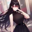 Placeholder: Clear focus,High resolution, black long hair, Vibrant red eyes, Emo style, Black skirt, wearing a black shirt sleeveless, Wearing black and red cutsleeves, Hand near chin