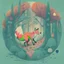 Placeholder: Perfect round ball fox playing inside a forest, 2d flat illustration style, mono, 6 colors max