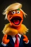 Placeholder: a Film Photograph of a realistic angry orange Donald Trump Muppet made of felt and fur wearing a dark blue suit and red tie and with blonde hair combover, he is old and angry with a round mouth