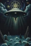 Placeholder: Hieronymus Bosch style nightmare Black kabbalah in the ocean huge ufo spaceship hovering above it