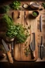 Placeholder: A rustic wooden cutting board, aged oak surface textured with knife marks, surrounded by vintage kitchen tools and fresh garden herbs cascading off the edges, positioned on a rough farmhouse table, ambient warm light casting soft shadows, still life photography, high dynamic range, rich earth tones.