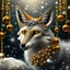 Placeholder: Masterpiece 3D render digital art photostudio quality Just a sprinkle of magic dust, a sprig of berries over a beautiful fox with a bushy tail, backdrop forest winter landscape, insanely beautiful face , silver and gold snow swirl in background, pearls and beads and gold lines